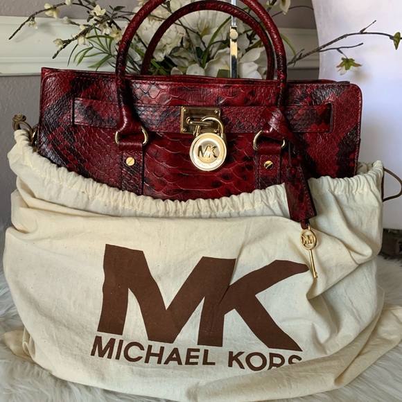Michael Kors Red Leather Hamilton Tote Bag Large Exotic Python Purse - Picture 15 of 16